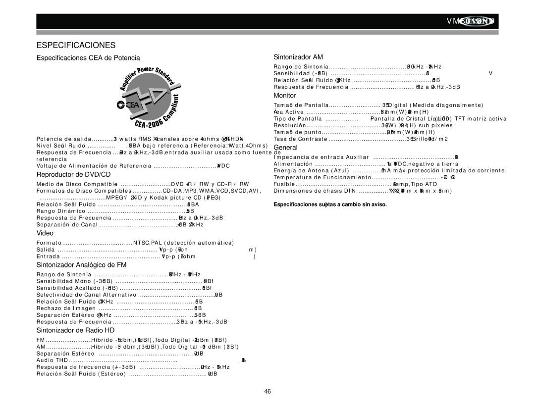 Jensen VM8013HD operation manual Especificaciones 