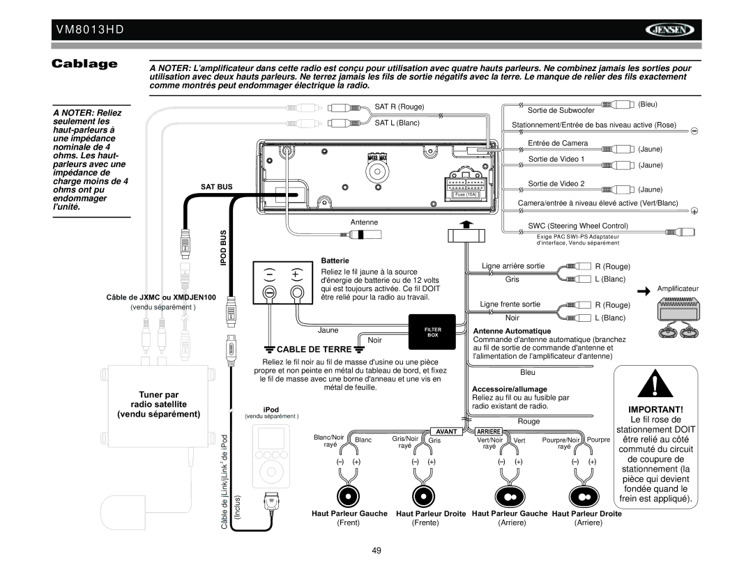 Jensen VM8013HD operation manual Cablage, Ohms ont puSAT BUS endommager Lunité 