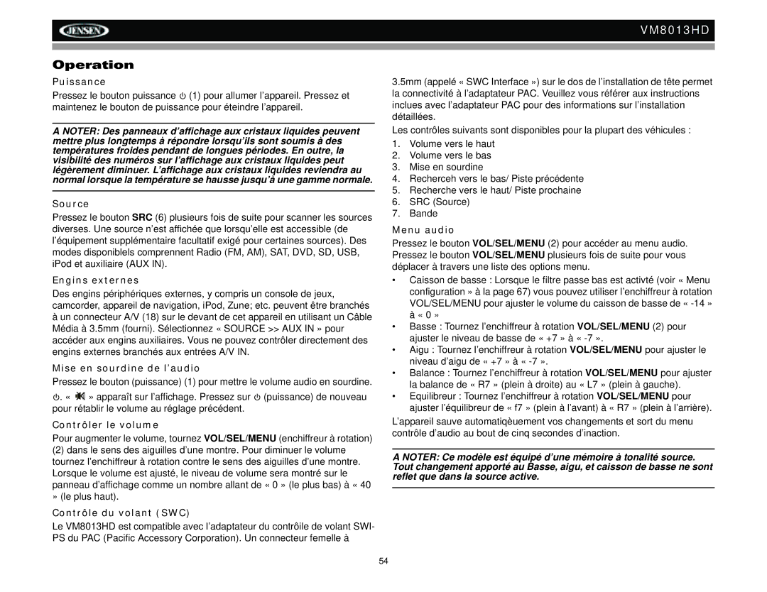 Jensen VM8013HD operation manual Operation 