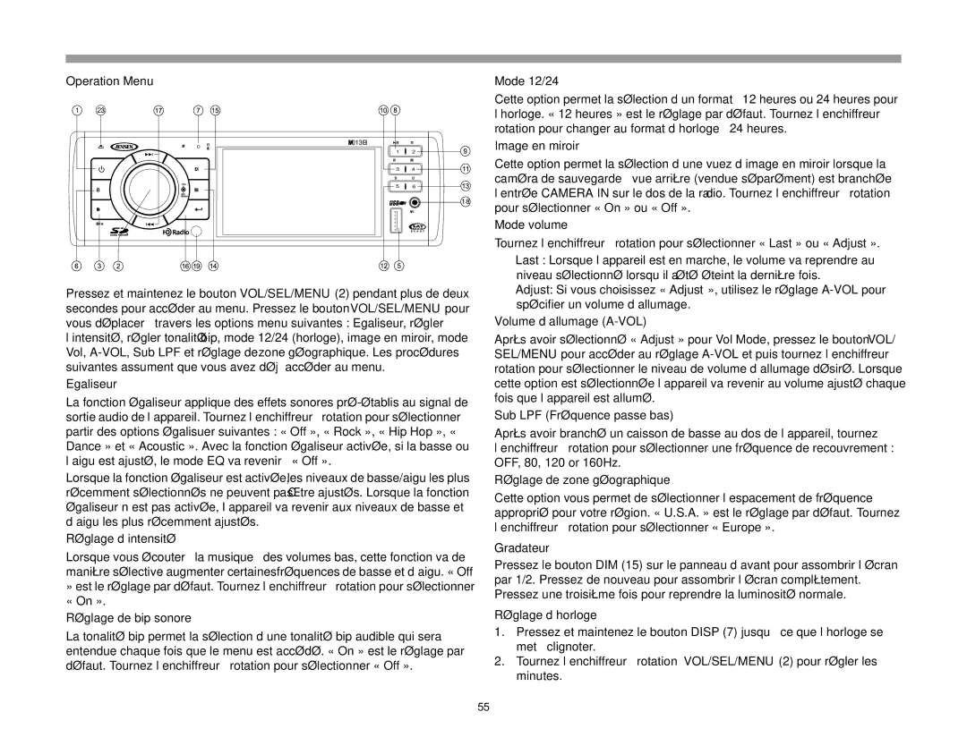 Jensen VM8013HD operation manual Operation Menu, Gradateur, Réglage d’horloge 