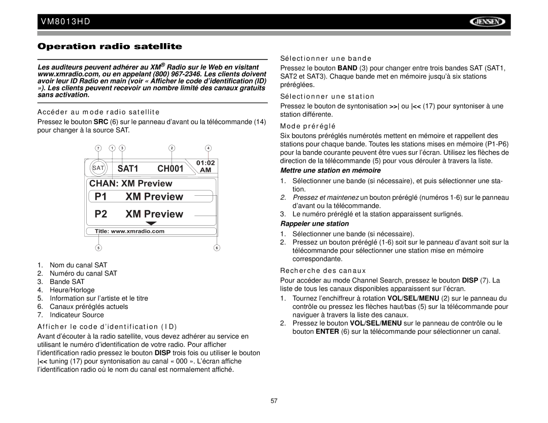 Jensen VM8013HD operation manual Operation radio satellite 