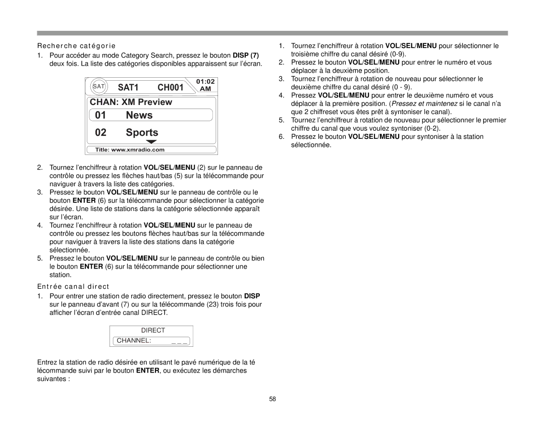 Jensen VM8013HD operation manual Recherche catégorie, Entrée canal direct 