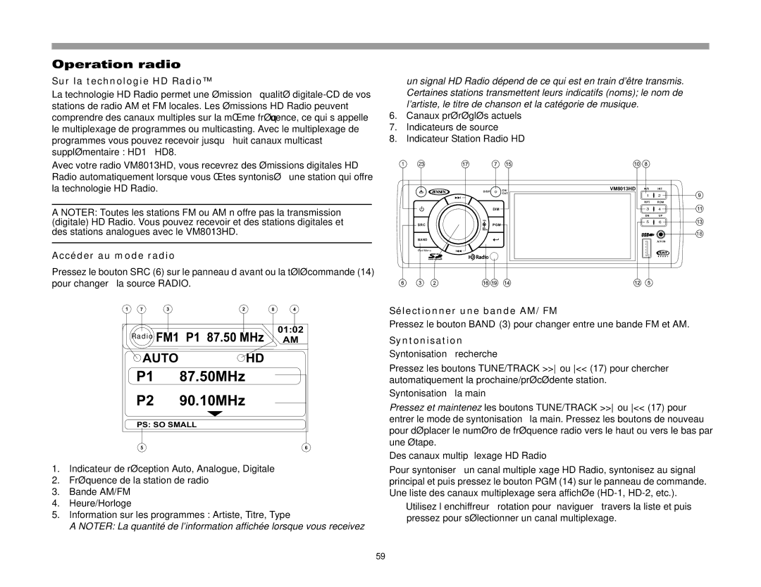 Jensen VM8013HD Operation radio, Sur la technologie HD Radio, Accéder au mode radio, Sélectionner une bande AM/FM 