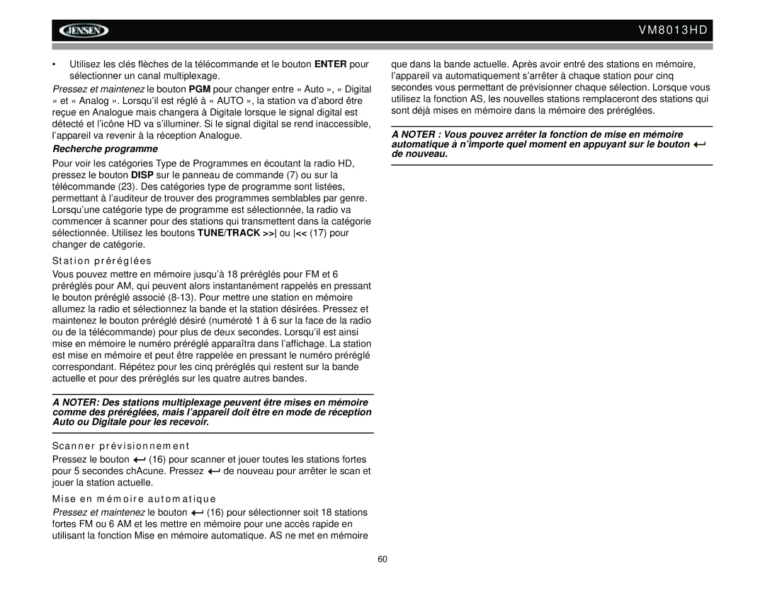 Jensen VM8013HD Recherche programme, Station préréglées, Scanner prévisionnement, Mise en mémoire automatique 