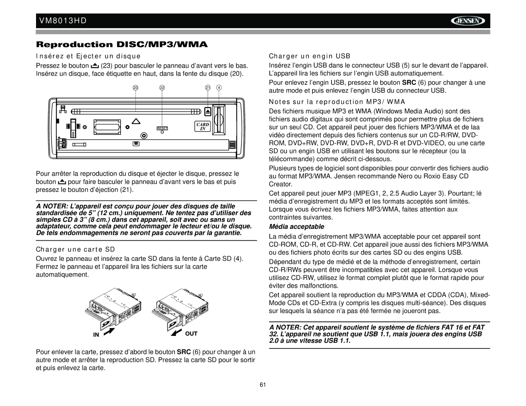 Jensen VM8013HD Reproduction DISC/MP3/WMA, Insérez et Ejecter un disque, Charger une carte SD, Charger un engin USB 