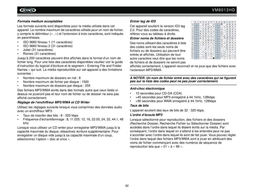 Jensen VM8013HD Formats medium acceptables, Réglage de l’enchiffreur MP3/WMA et CD Writer, Entrer tag de ID3, Taux de bits 