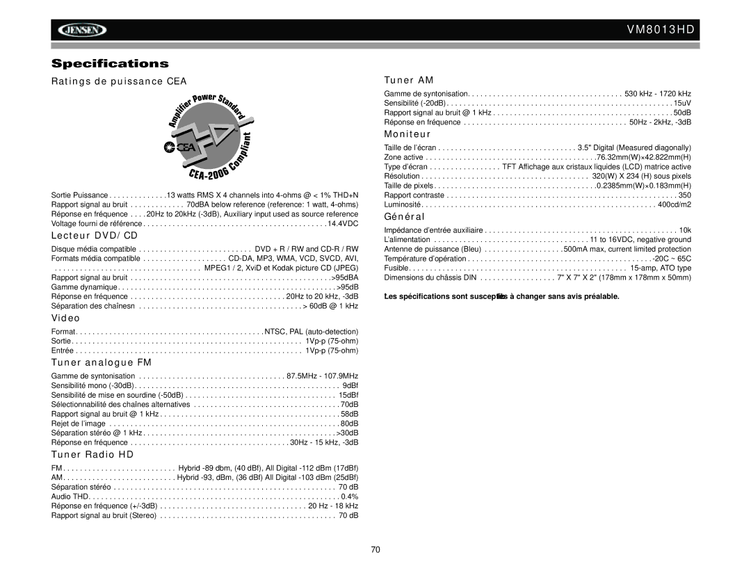 Jensen VM8013HD operation manual Specifications 