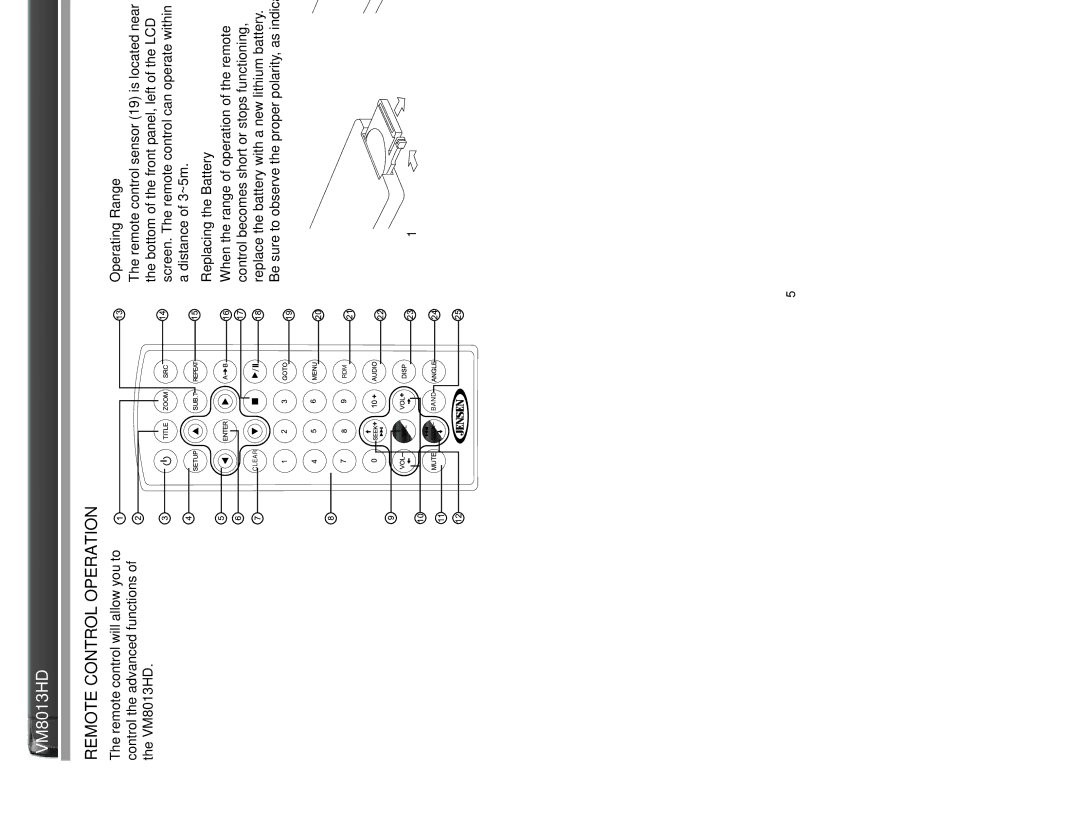 Jensen VM8013HD operation manual Remote Control Operation, Operating Range, Replacing the Battery 