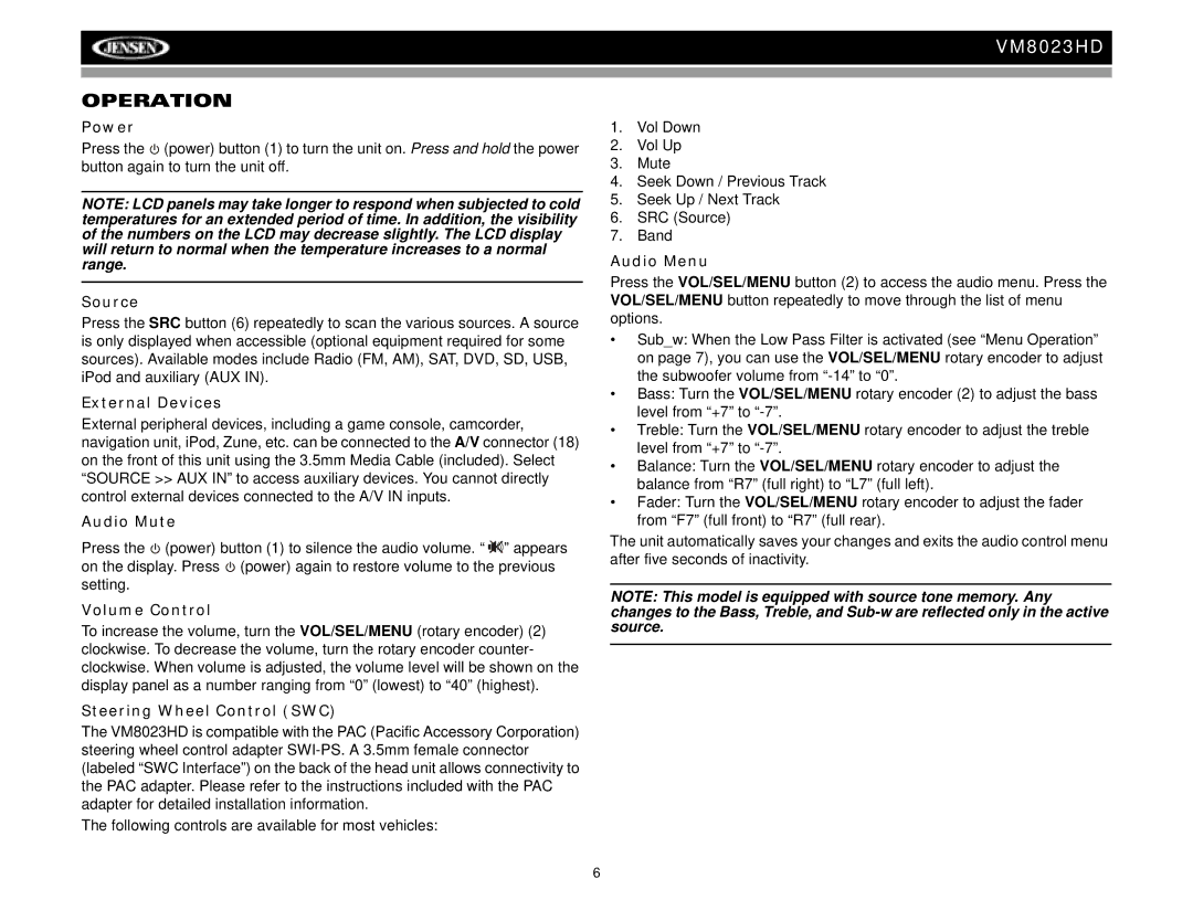 Jensen VM8023HD operation manual Operation 