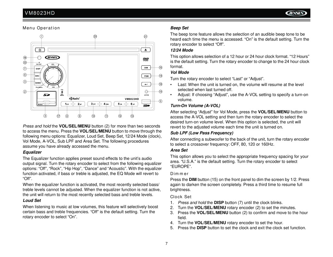 Jensen VM8023HD operation manual Menu Operation, Dimmer, Clock Set 