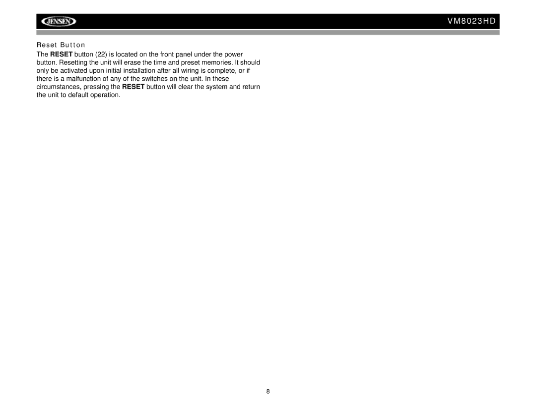 Jensen VM8023HD operation manual Reset Button 
