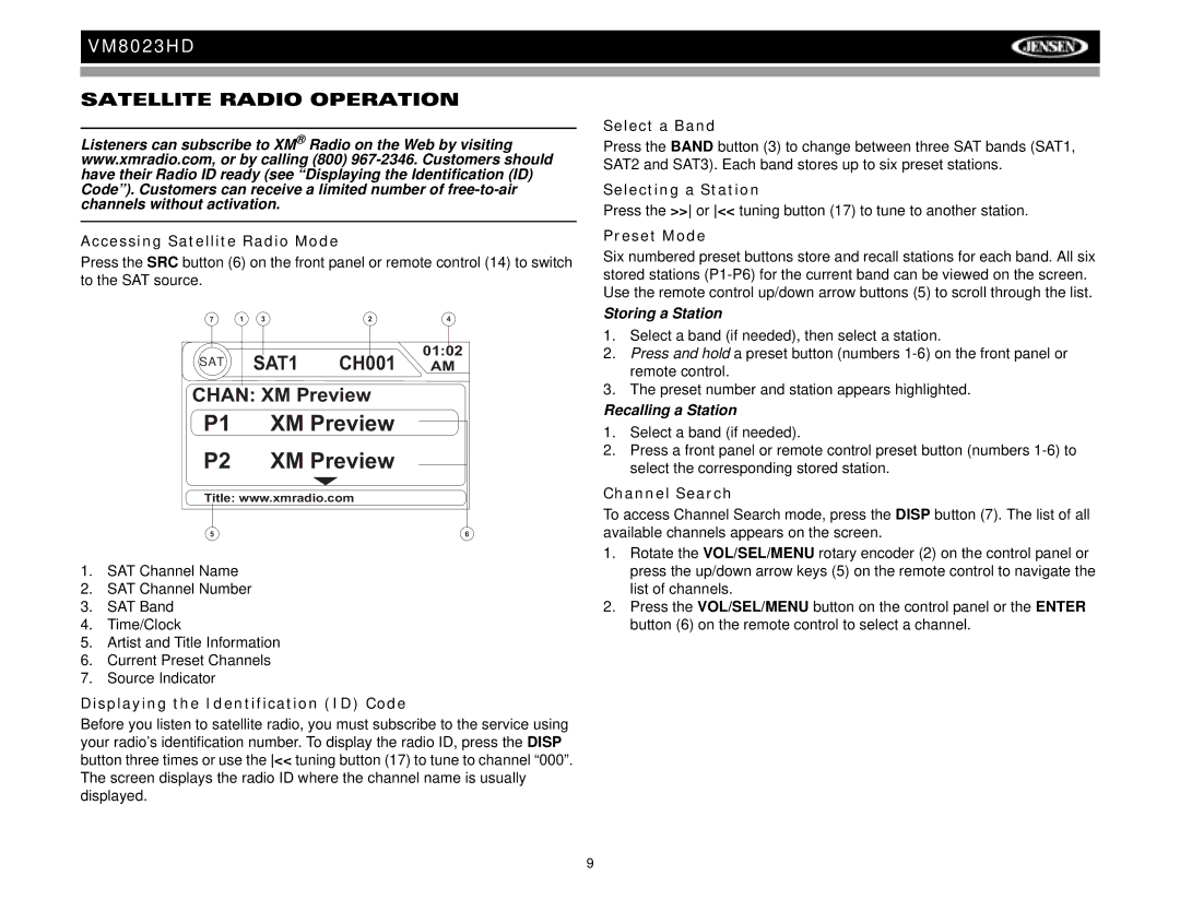 Jensen VM8023HD operation manual Satellite Radio Operation, SAT1, CH001 