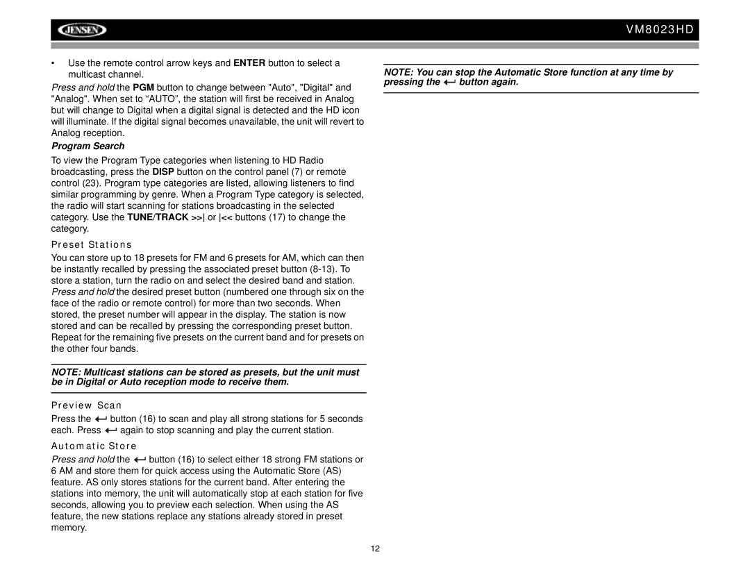 Jensen VM8023HD operation manual Program Search, Preset Stations, Preview Scan, Automatic Store 