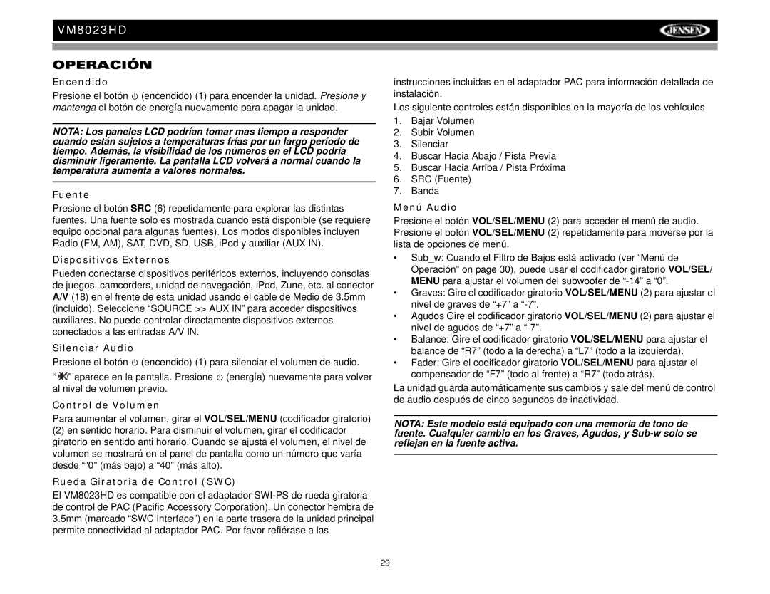 Jensen VM8023HD operation manual Operación 