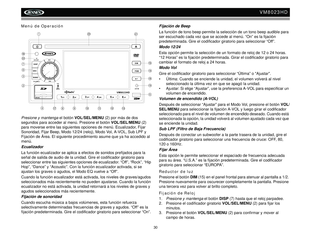 Jensen VM8023HD operation manual Menú de Operación, Reductor de luz, Fijación de Reloj 