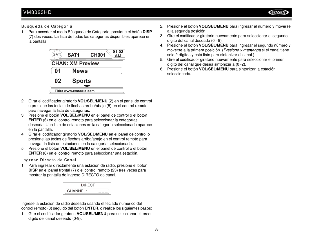 Jensen VM8023HD operation manual Búsqueda de Categoría, Ingreso Directo de Canal 