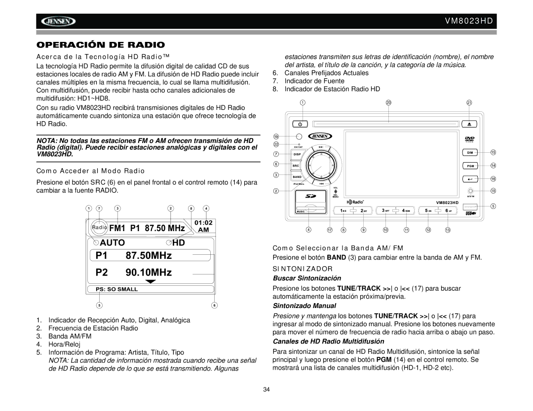 Jensen VM8023HD operation manual Operación DE Radio, Acerca de la Tecnología HD Radio, Como Acceder al Modo Radio 