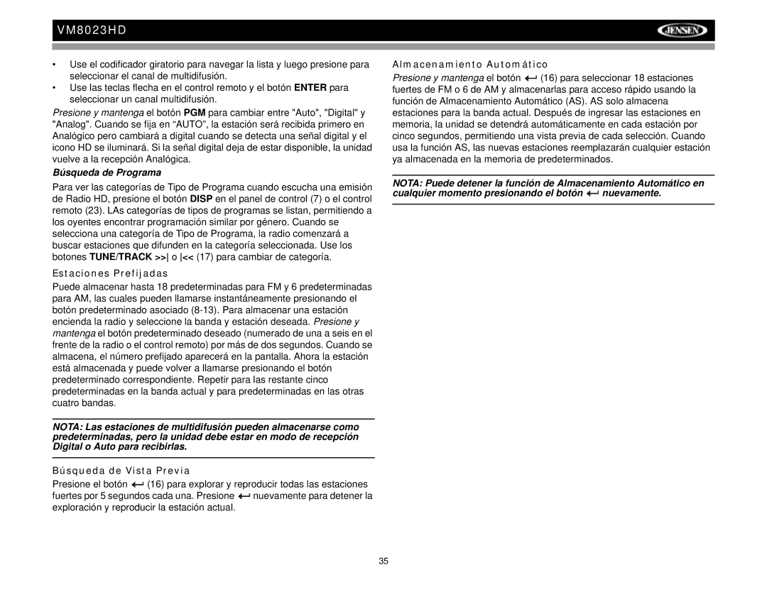 Jensen VM8023HD Búsqueda de Programa, Estaciones Prefijadas, Búsqueda de Vista Previa, Almacenamiento Automático 
