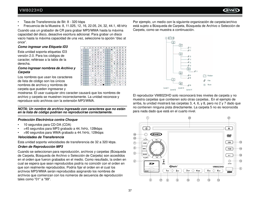 Jensen VM8023HD Como ingresar una Etiqueta ID3, Como ingresar nombres de Archivo y Carpeta, Velocidades de Transferencia 