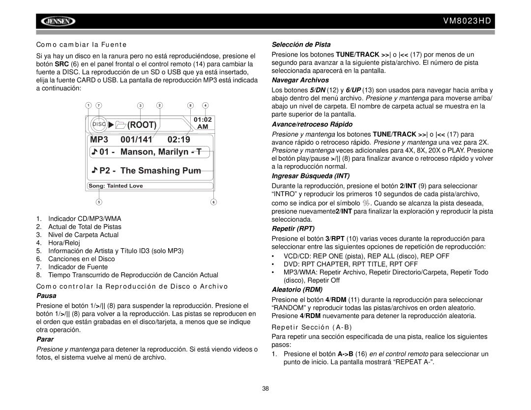 Jensen VM8023HD Como cambiar la Fuente, Como controlar la Reproducción de Disco o Archivo, Repetir Sección A-B 
