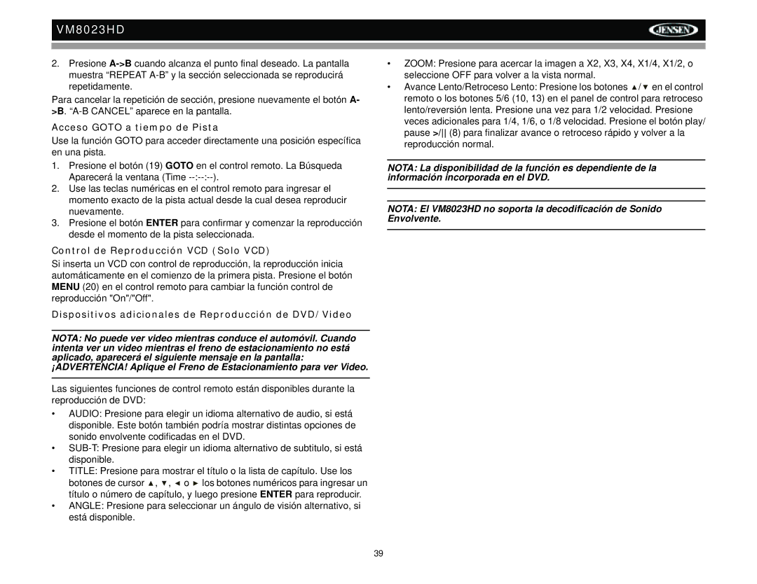 Jensen VM8023HD operation manual Acceso Goto a tiempo de Pista, Control de Reproducción VCD Solo VCD 