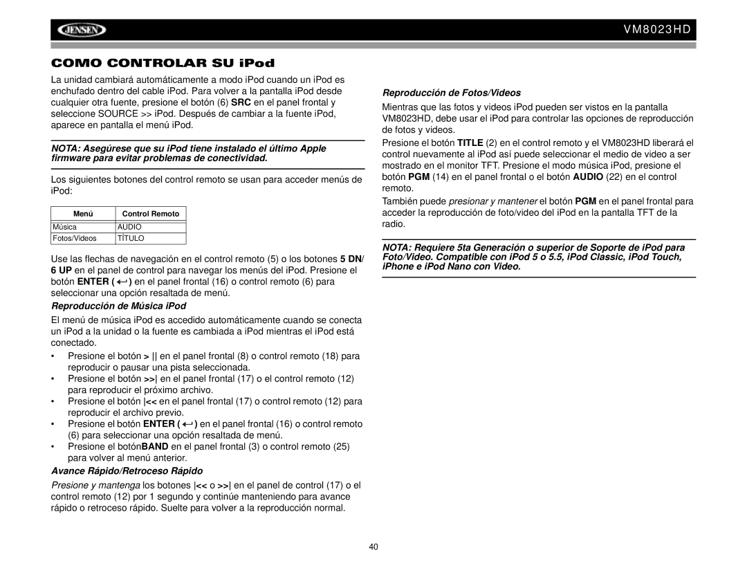 Jensen VM8023HD operation manual Como Controlar SU iPod, Reproducción de Música iPod, Avance Rápido/Retroceso Rápido 