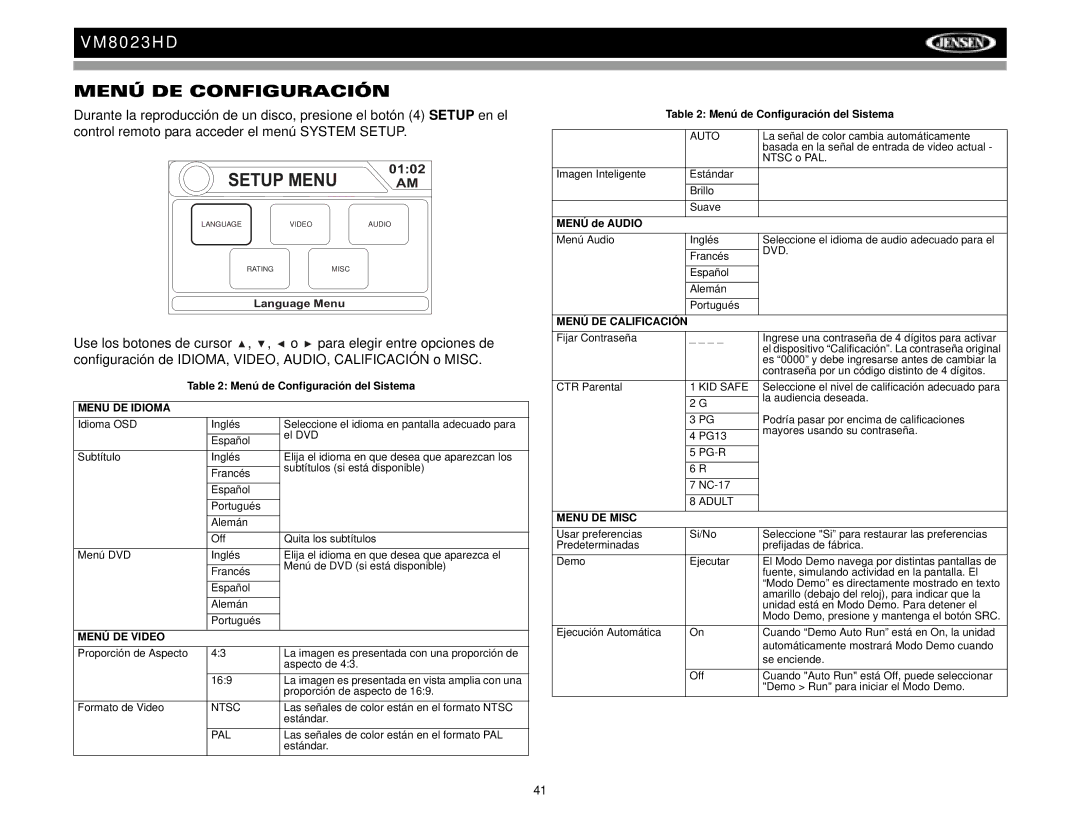 Jensen VM8023HD operation manual Menú DE Configuración, Menu DE Idioma 