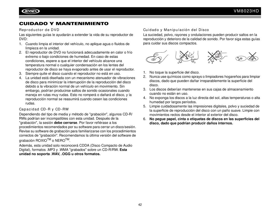 Jensen VM8023HD Cuidado Y Mantenimiento, Reproductor de DVD, Capacidad CD-R y CD-RW, Cuidado y Manipulación del Disco 