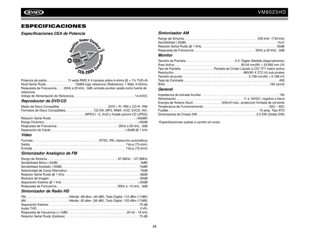 Jensen VM8023HD operation manual Especificaciones 