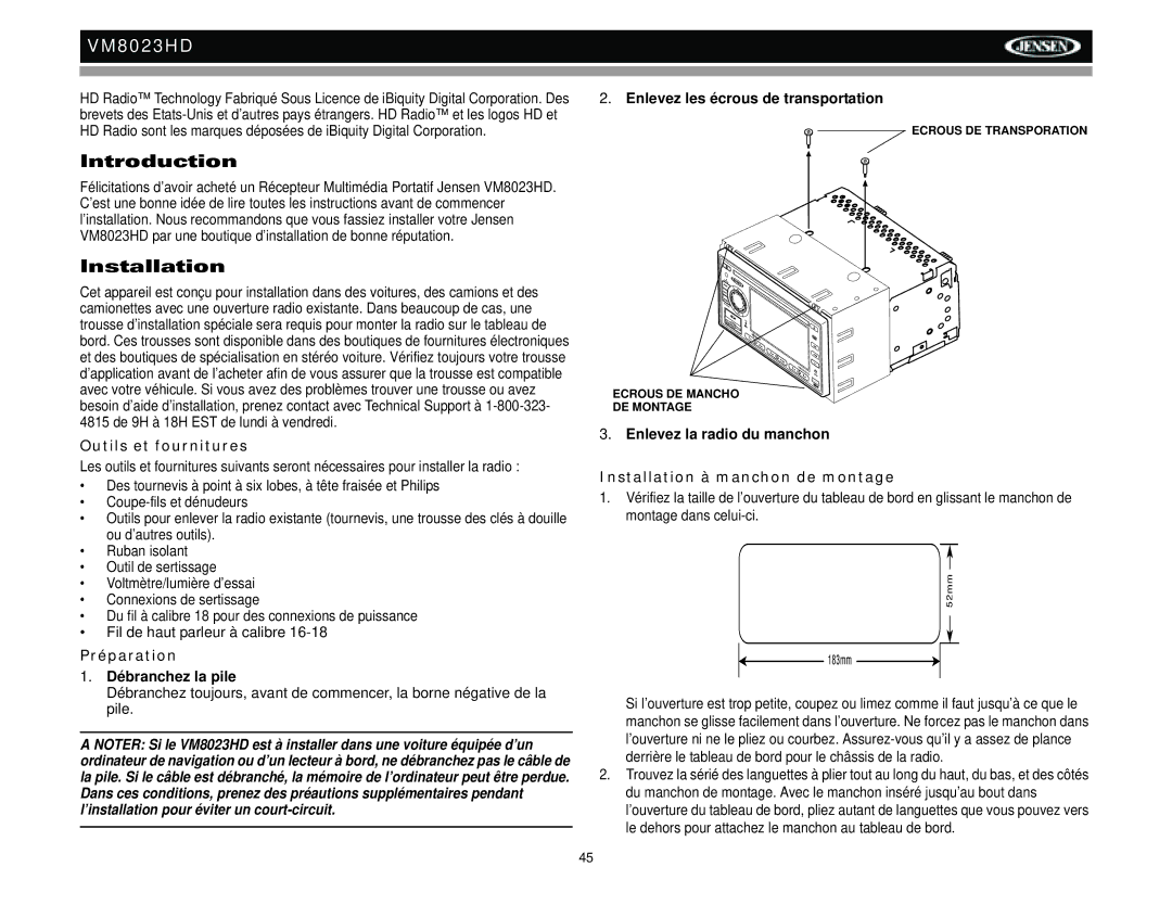 Jensen VM8023HD operation manual Introduction, Outils et fournitures, Préparation, Installation à manchon de montage 