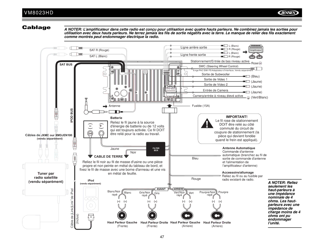 Jensen VM8023HD operation manual Cablage, Tuner par Radio satellite Vendu séparément 