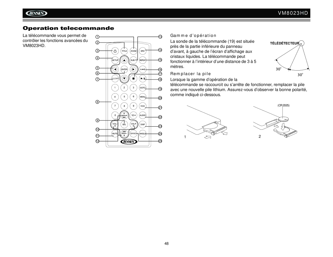 Jensen VM8023HD operation manual Operation telecommande, Gamme d’opération, Remplacer la pile 