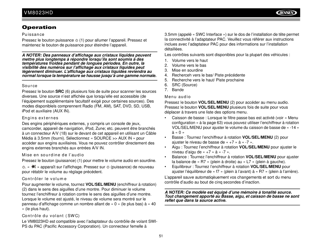 Jensen VM8023HD operation manual Operation 