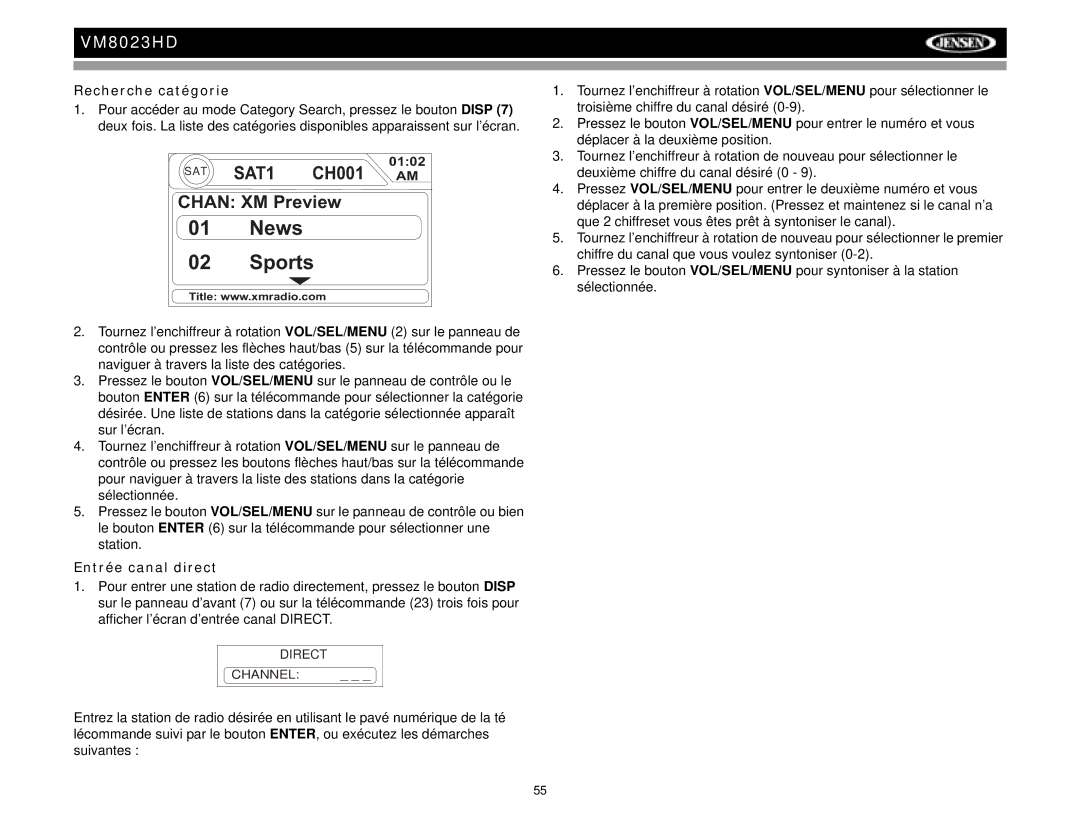 Jensen VM8023HD operation manual Recherche catégorie, Entrée canal direct 