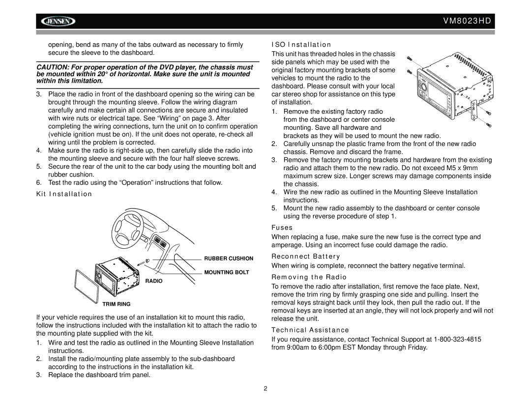 Jensen VM8023HD Kit Installation, ISO Installation, Fuses, Reconnect Battery, Removing the Radio, Technical Assistance 