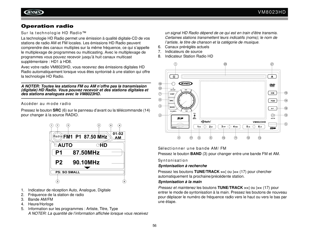 Jensen VM8023HD Operation radio, Sur la technologie HD Radio, Accéder au mode radio, Sélectionner une bande AM/FM 