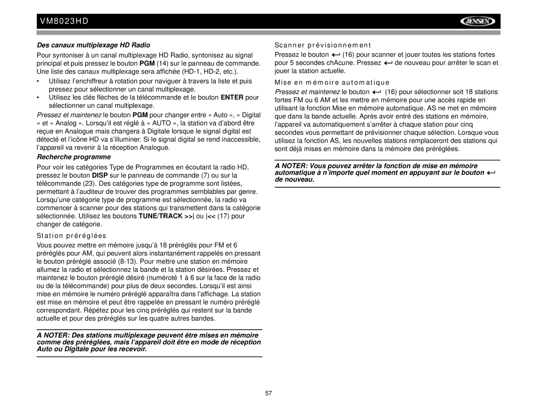 Jensen VM8023HD Des canaux multiplexage HD Radio, Recherche programme, Station préréglées, Scanner prévisionnement 