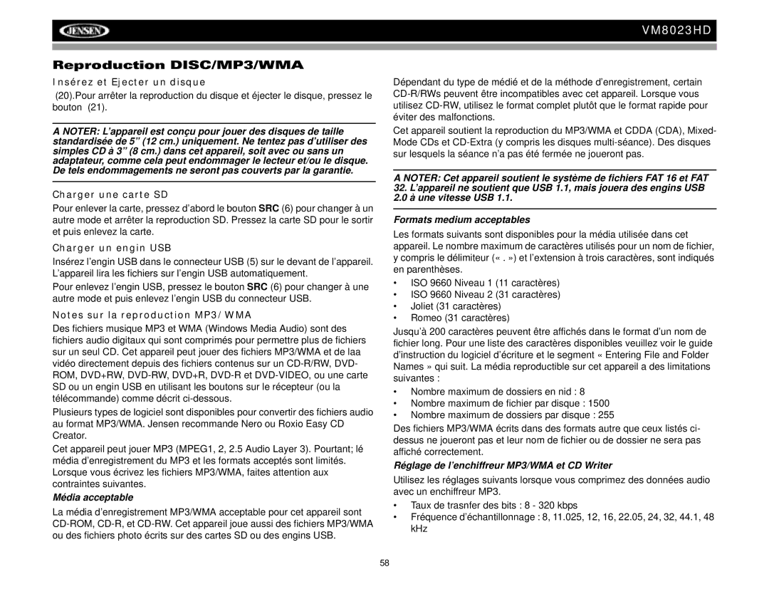 Jensen VM8023HD Reproduction DISC/MP3/WMA, Insérez et Ejecter un disque, Charger une carte SD, Charger un engin USB 