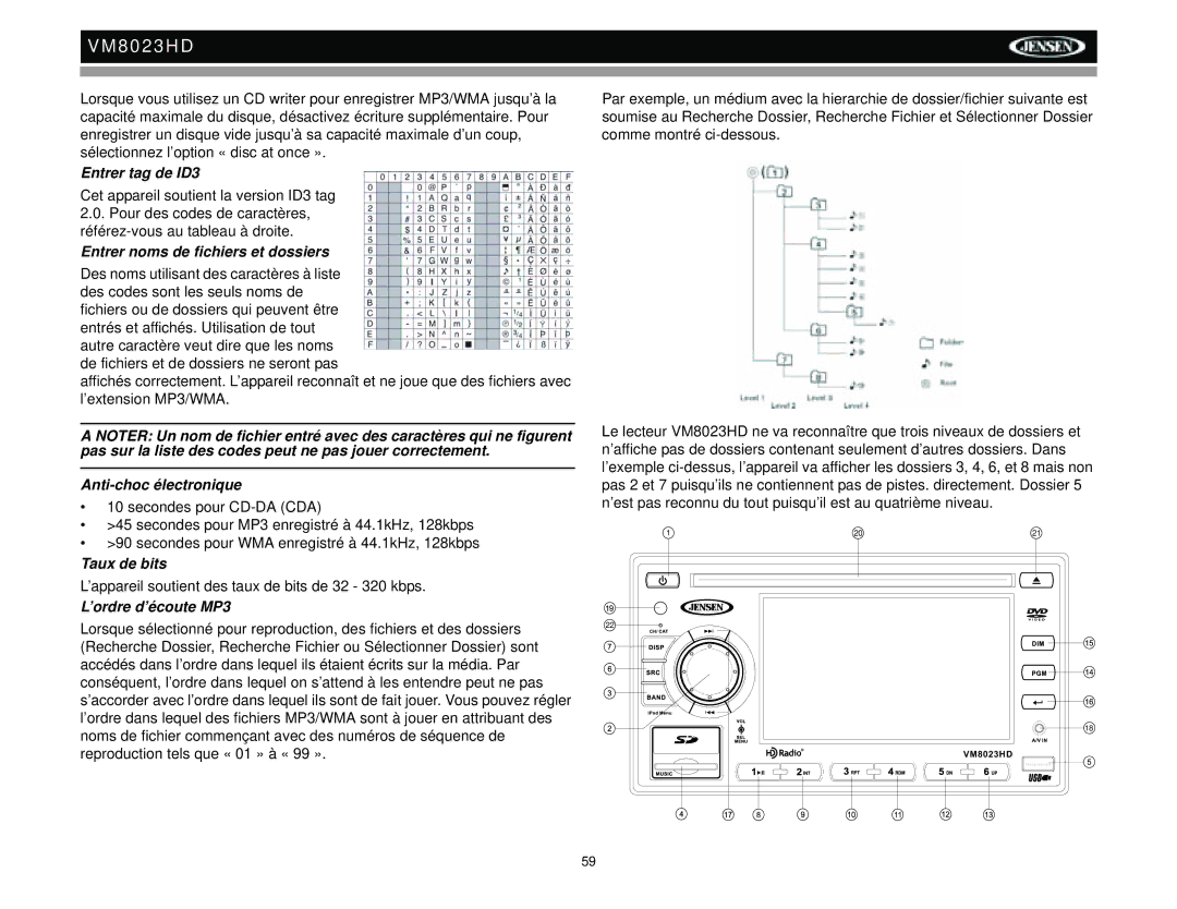 Jensen VM8023HD Entrer tag de ID3, Entrer noms de fichiers et dossiers, Anti-choc électronique, Taux de bits 