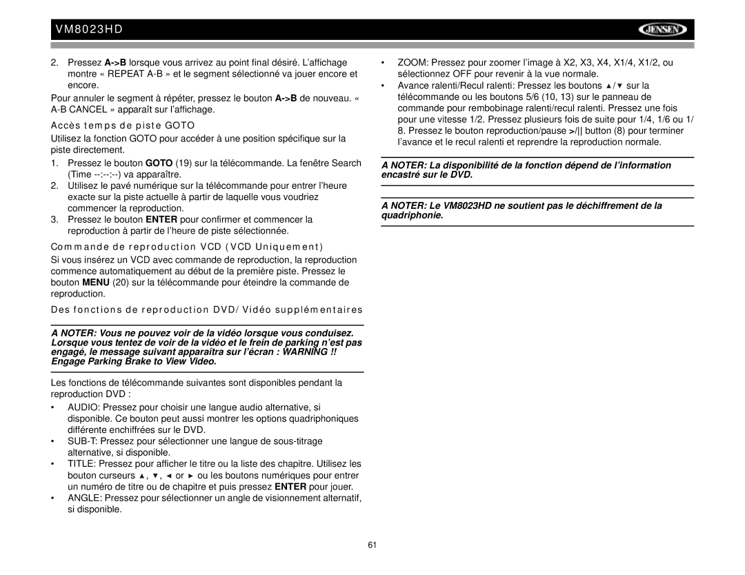 Jensen VM8023HD operation manual Accès temps de piste Goto, Commande de reproduction VCD VCD Uniquement 