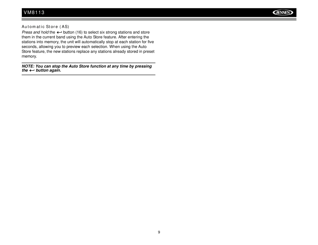 Jensen VM8113 operation manual Automatic Store AS 