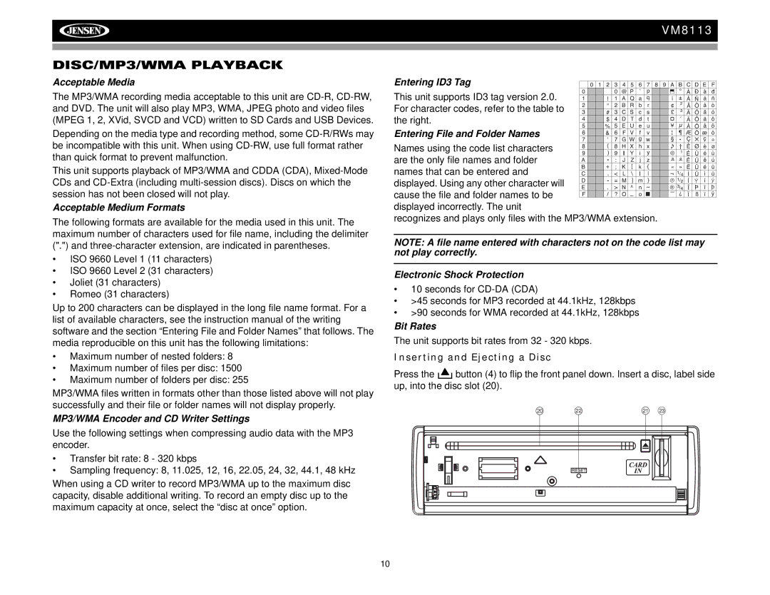 Jensen VM8113 operation manual DISC/MP3/WMA Playback, Inserting and Ejecting a Disc 