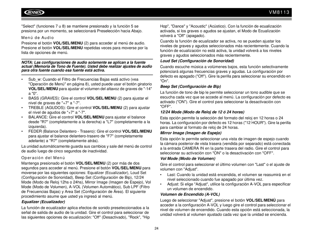 Jensen VM8113 operation manual Menú de Audio, Operación del Menú 