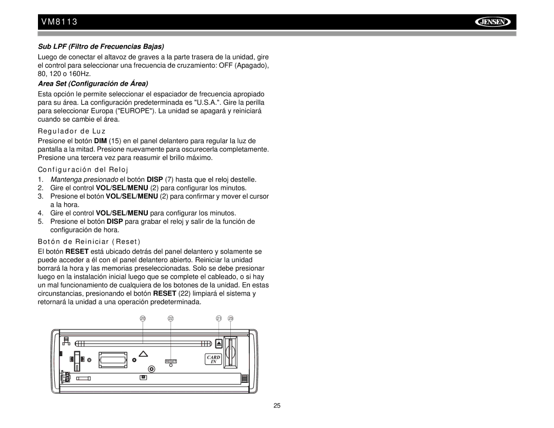 Jensen VM8113 operation manual Sub LPF Filtro de Frecuencias Bajas, Area Set Configuración de Área, Regulador de Luz 