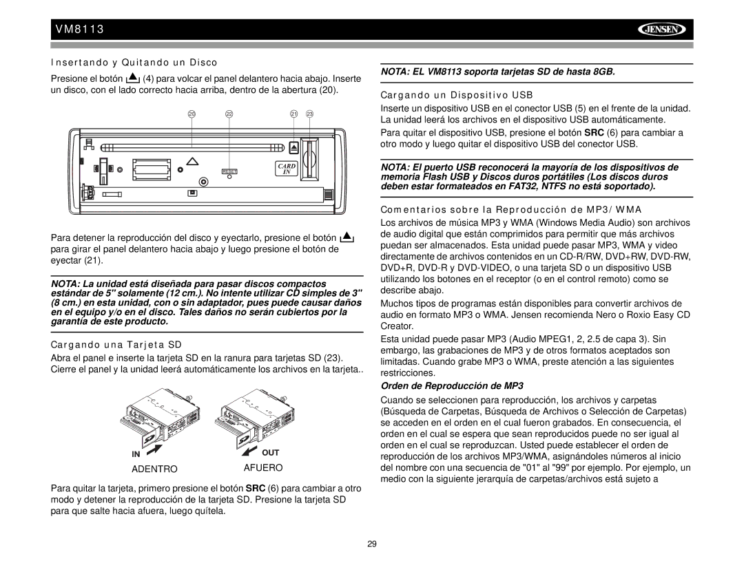 Jensen VM8113 operation manual Insertando y Quitando un Disco, Cargando una Tarjeta SD, Cargando un Dispositivo USB 