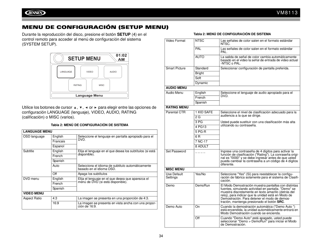 Jensen VM8113 operation manual Menu DE Configuración Setup Menu 