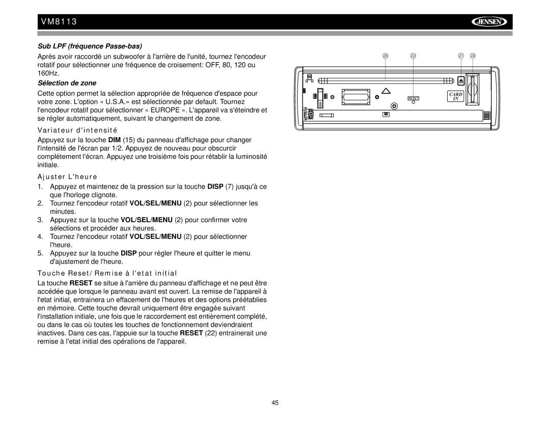 Jensen VM8113 operation manual Sub LPF fréquence Passe-bas, Sélection de zone, Variateur dintensité, Ajuster Lheure 