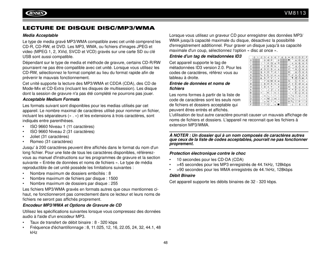 Jensen VM8113 operation manual Lecture DE Disque DISC/MP3/WMA 