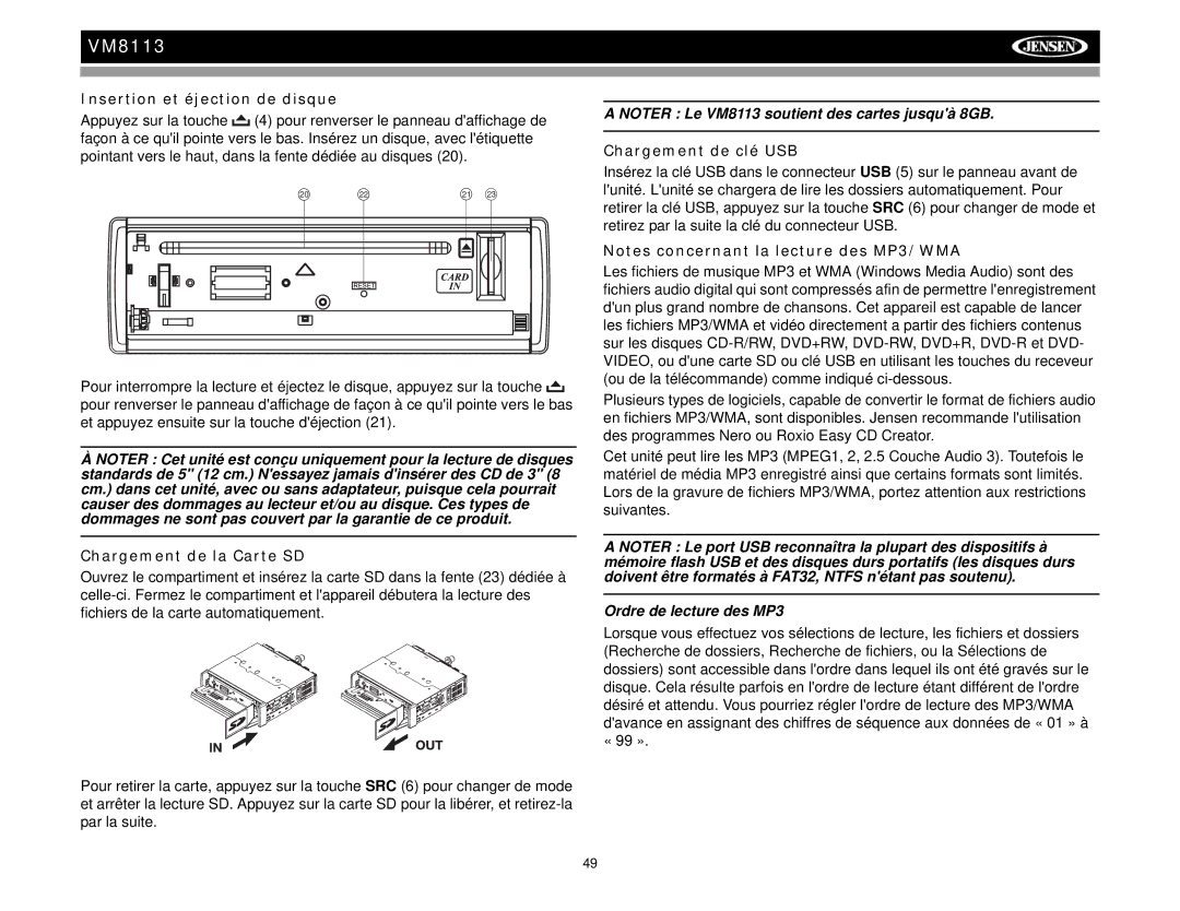 Jensen VM8113 Insertion et éjection de disque, Chargement de la Carte SD, Chargement de clé USB, Ordre de lecture des MP3 