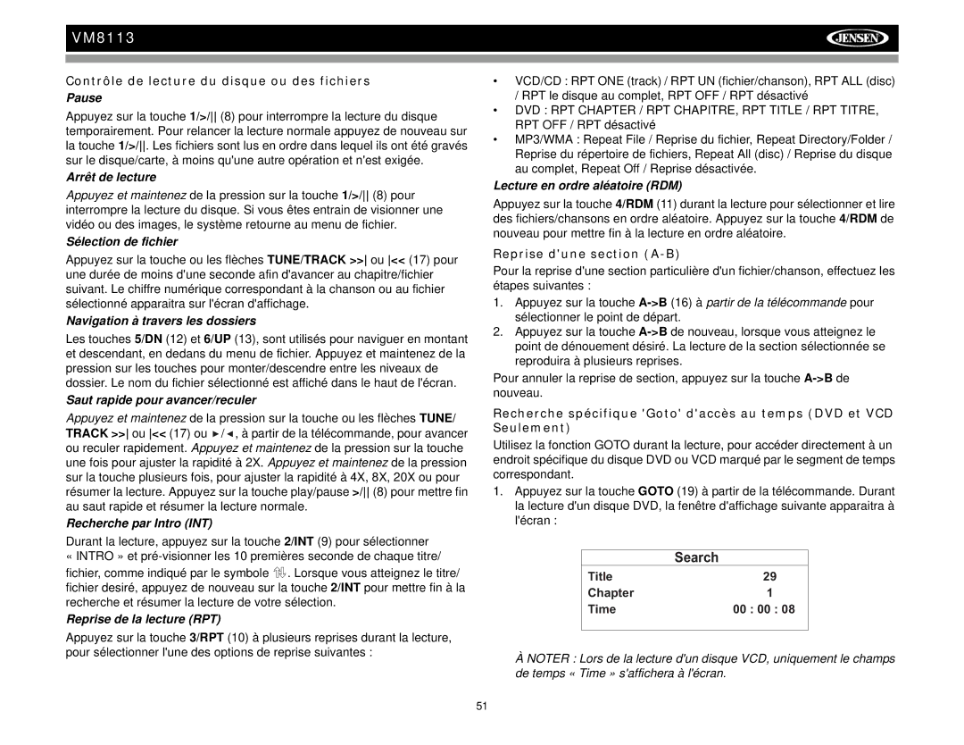 Jensen VM8113 operation manual Contrôle de lecture du disque ou des fichiers, Reprise dune section A-B 